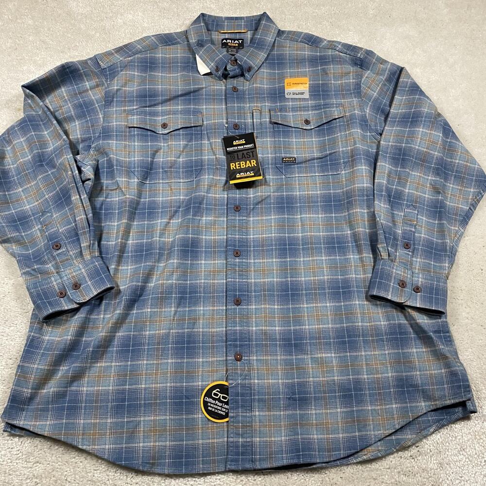 Ariat Rebar Shirt Mens 3XL Blue Plaid Flannel Long Sleeve Button Up Workwear